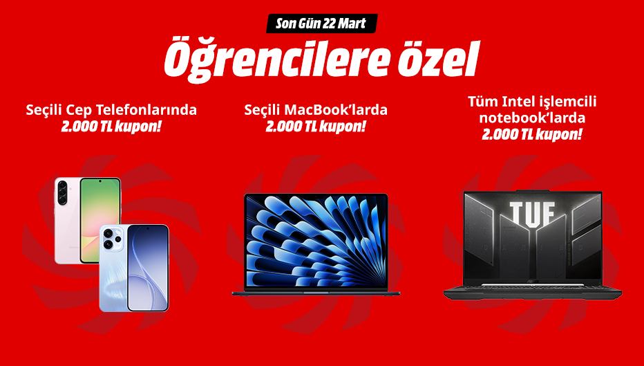 MediaMarkt'tan Öğrencilere Özel Seçili Cep Telefonları, Macbooklar ve Tüm Intel İşemcili Notebook’larda Geçerli 2.000 TL Kupon Desteği! - MediaMarkt öğrenci indirimi kampanya görseli