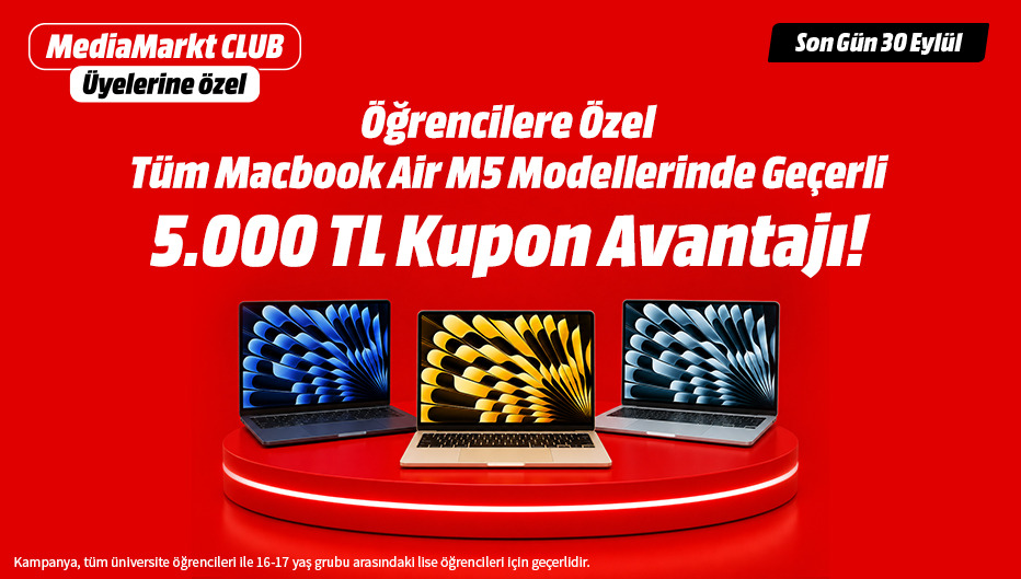 Öğrencilere Özel Tüm Macbook Air M5 Modellerinde Geçerli 5.000 TL Kupon Avantajı!